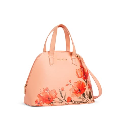 Image of Caprese Chloe Medium Floral Print Satchel Bag for Women with Adjustable & Detachable Strap -Versatile Shoulder Handheld Bag for Work, Travel, Everyday Use with Multiple Compartments (Orange)