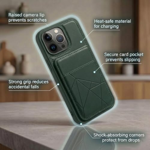 Image of amazon basics Premium Vegan Leather Back Cover with Card Holder and Integrated Mobile Stand for iPhone 14 Pro Max - Slim Shockproof Wallet Case with Geometric Stitching [Green]