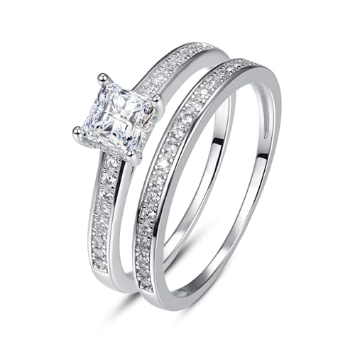 Bonlavie Wedding Ring Set for Women Princess Cut Cubic Zirconia Engagement Rings Set 1.35ct White CZ Silver Wedding Bands for Her Jewelry Gift Size K 1/2