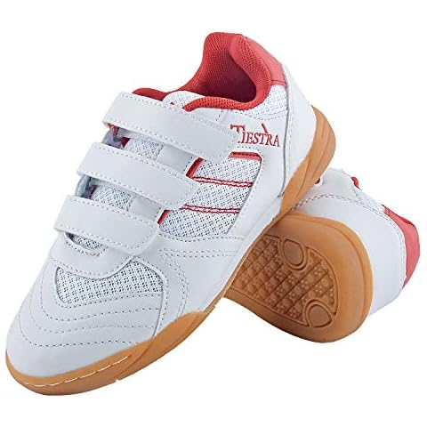 TIESTRA Kids Trainers Boys, Wide Fit Childrens Sport Shoes with Hook & Loop Strap, Casual Sneakers Lightweight Breathable Fashion Athletic Trainers for School PE Runnning Football Tennis White Cover