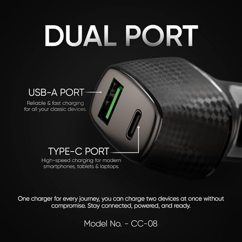 Image of Vismac 48W Fast Car Charger, Dual Port Type-C PD & USB-A QC 3.0, Intelligent Protection, Overheat Safety, Smart Compact Design, Universal Charging for All Devices