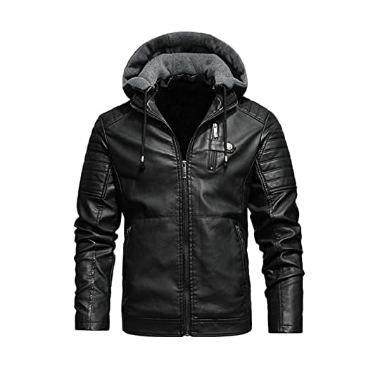 Klassisk bikerlook läderjacka höst vinter varm fodrad tyngdvikt huvjacka cargo vinterparkas motorcykeljacka bomberjacka vindtät utomhusjacka fritidsjacka, svart, 3XL