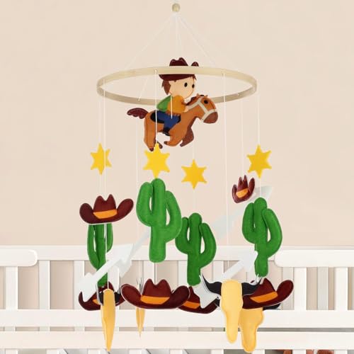 Image of Baby Crib Mobile for Boys Girls, Western Cowboy Nursery Mobile, Wooden Wind Chime Ceiling Mobile for Nursery Bassinet Decor