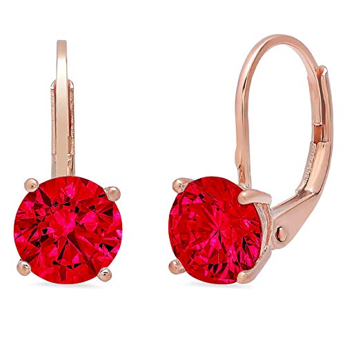0.9Ct Brilliant Round Cut Solitaire Flawless Genuine Simulated Cz Red Ruby Gemstone Unisex Pair Of Lever Back Drop Dangle Designer Earrings Solid 14K Rose Back Conflict Free Jewelry #TOP28