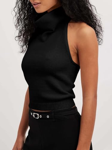Image of Langwyqu Womens Turtleneck Sweater Vests Sleeveless Knit Halter Tank Tops Sexy Loose Cami Shirts
