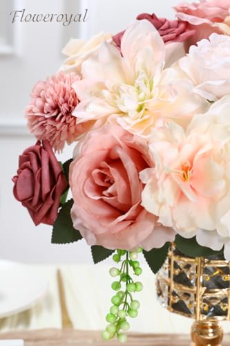 Floweroyal Artificial Flowers Combo Pink Flowers Mix Silk Flowers Dahlia Roses with Stems for Wedding Bridal Bouquets Table Centerpieces - Image 2