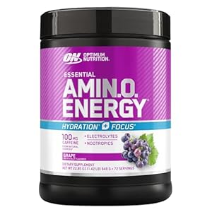 Optimum Nutrition Amino Energy Powder Plus Focus, with BCAA, Electrolytes, and Caffeine, Grape, 1.42 LB,72 Servings (Packaging May Vary)