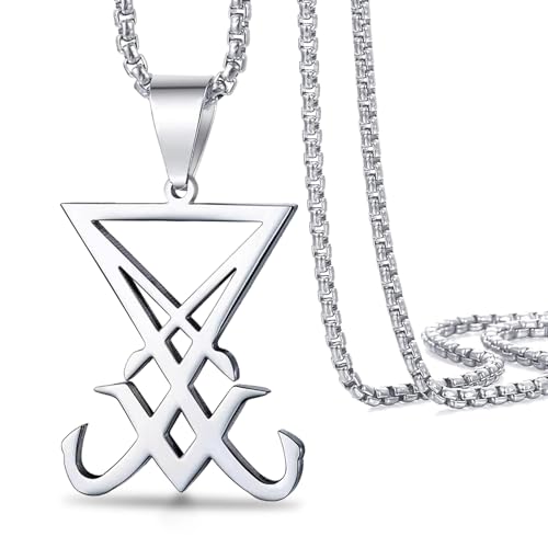 VASSAGO Sigil of Lucifer Necklace for Men Women Stainless Steel Satanic Symbol Seal of Satan Lucifer Pendant Necklace Devil Demon Jewelry Gift