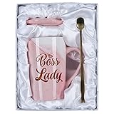 Boss Lady Marble Coffee Mug For Boss Boss Lady, Boss Day Gifts Caramic Coffee Mug For Boss Lady Manager Director Superior, 14 Oz Pink Marble Mug With Spoons