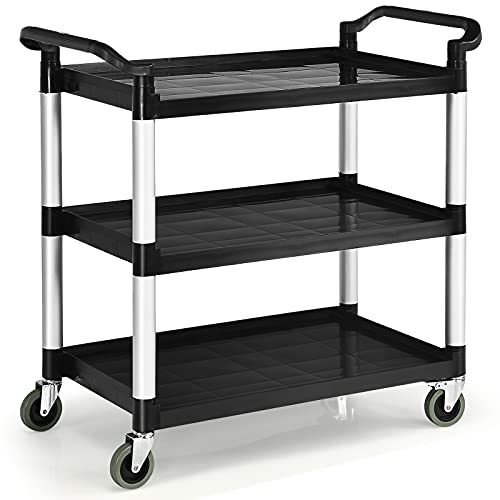 GYMAX Carrello in Plastica a 3 Ripiani, Carrello da Ristorante con 3 Ripiani, 2 Ruote con Blocco, 2 Maniglie Ergonomiche, Multiuso per Cucina, Magazzino, Ufficio, Garage, 103 x 49 x 98 cm