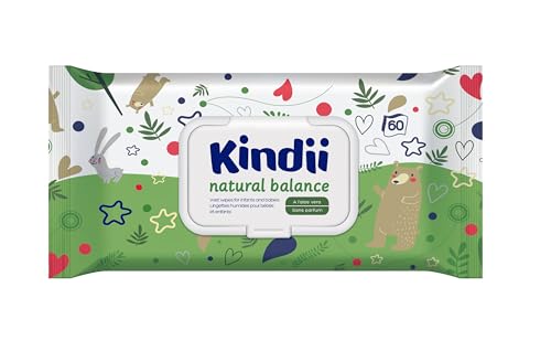 Kindii Lingettes Humides pour Bébés et Enfants Natural Balance - (60 Pièces) Lingettes Humides - Protectives, hydratantes, régénératrices, allantoïne, émollients, aloe vera, pH neutre - 60 Pièces