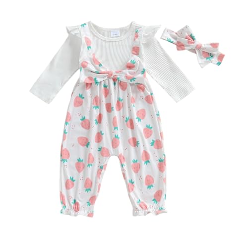 Lefyira Strawberry Romper Baby Girl Fall Clothes Ribbed Jumpsuit Floral Long Sleeve Newborn Strawberry Outfit Winter Romper