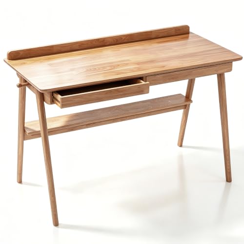 BuyUp Escritorio de Madera Maciza, Mesa de Ordenador Moderna, 120x60x75 cm, Diseño Mediados de Siglo, con 2 Cajones y Estante, Color Nogal (Color de la Madera, 120 * 60)
