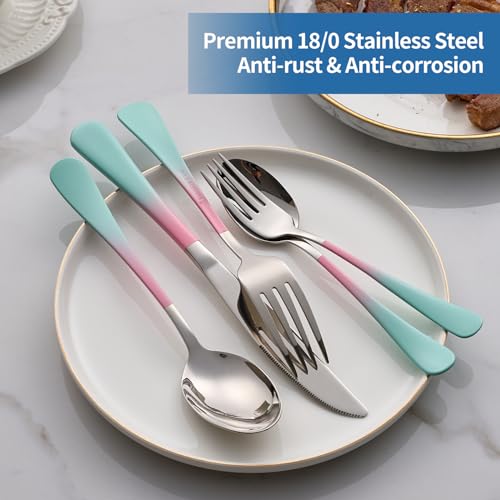 20-Piece-pink-green-Silverware-Set180-Stainless-Steel-Colorful-Handle-Flatware-SetService-for-4Modern-Cutlery-Set-Includes-Dinner-Knives-Forks-Spoons-Mirror-PolishedDishwasher-Safe 20 Piece pink green Silverware Set180 Stainless Steel Colorful Handle Flatware SetService for 4Modern Cutlery Set Includes Dinner Knives Forks Spoons Mirror PolishedDishwasher Safe