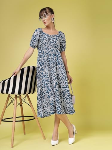 Image of OOMPH! Below Knee Shift Pink Dress in Crepe Fabric with Round Neck and Puff Sleeves - md619l