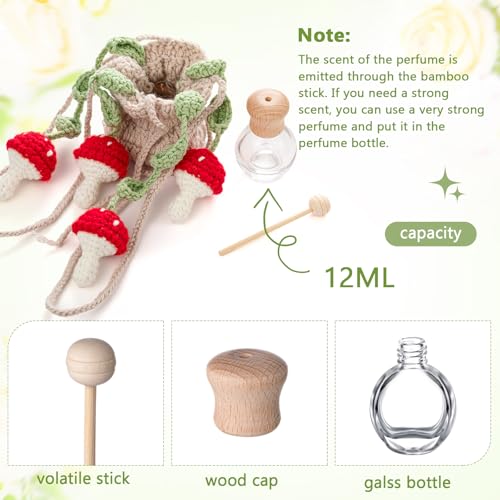 Image of DaisyInner Cute Crochet Plant Car Freshener 12ml Empty Refillable Diffuser Bottle with Plants Hanging Accessories for Ornaments Charms Rearview Mirror Home Office Decor Women Gifts(Mushroom)
