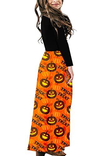 Image of Kids Girl Halloween Pumpkin Dress Party Funny Long Sleeve Jack O Lantern Orange Dresses 9-10 Years