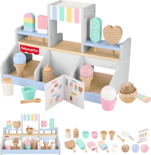 Image of Fisher-Price Preschool Toy Wooden Ice Cream Shop Playset, 18 Wood Pieces for Pretend Play Ages 3+ Years