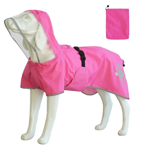 MAMORE Dog Raincoat Hooded Rain Jacket for Small Medium Large Dogs Slicker Poncho Bottom Waterproof Adjustable Reflective Breathable Leash Hole (Pink, Large)