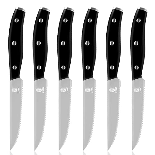 ZENG Cuchillos Arcos de Mesa Juego de 6 Cuchillos de Carne con Filo Ondulado Acero Inoxidable 11 cm Color Negro Cover