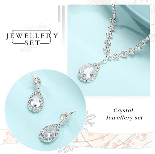 Ushiny Bridal Wedding Jewellery Set Silver Rhinestone Necklaces and Earrings Set Sparkly Crystal Dangle Drop Earrings Necklace Jewellery Set for Women and Girls