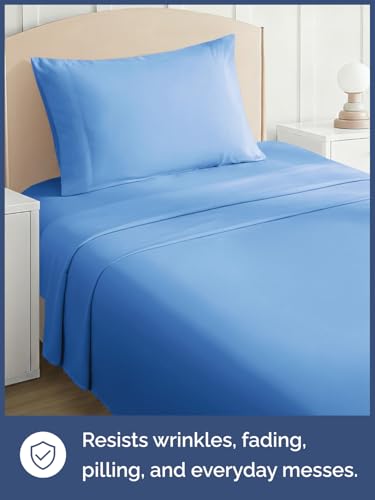 Image of Kids Twin Size Bed Sheet Set - 3 Piece Kids Loft Bed Sheets - Solid Blue Themed Bedding - Soft, Cute and Cozy - Breathable and Machine Washable - Bedding for Boys, Girls, Teens & Toddlers - Oeko-Tex