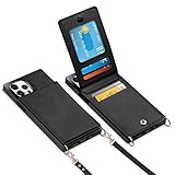 Vofolen for iPhone 12 Wallet Case with Lanyard Crossbody Strap Credit Card Holder Leather Magnetic Clasp Kickstand Heavy Duty Protective Square Flip Cover for iPhone 12/12Pro 6.1inch Black