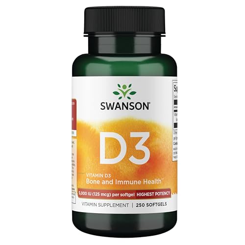 Swanson Vitamin D3 - Highest Potency 5 000 Iu (125 mcg) 250 Sgels Bone Immune Cardiovascular Calcium Absorption Mood Muscle and Metabolic Health