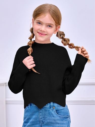 Image of Haloumoning Girls Mock Neck Sweaters Kids Fall Fashion Long Batwing Sleeve Rib Knit Pullover Clothes 5-14 Years