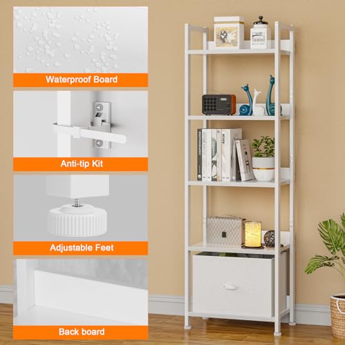 Image of Furologee 5 Tier Bookshelf with Drawer, Tall Narrow Bookcase with Shelves, Wood and Metal Book Shelf Storage Organizer, Modern Display Standing Shelf Unit for Bedroom, Living Room, Office, White