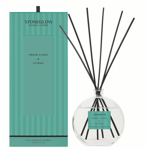 Stoneglow Modern Classics Fresh Linen & Citrus Reed Diffuser 460ml with Orange Blossom, Mandarin & Eucalyptus, 12 Rattan Reed Diffuser Sticks, Lasts 32 Weeks, Refillable Home Fragrance Air Freshener