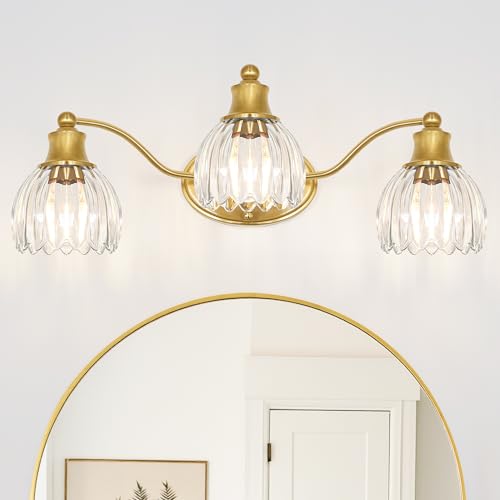 Image of Brushed Gold Bathroom Vanity Light Fixture Vintage Style - 3 Light E26 Bulb, 21.7 inch Wide Bathroom Lighting Over Mirror with Clear Glass Shades, Easy Mount Antique Brass Wall Sconce for Makeup Area