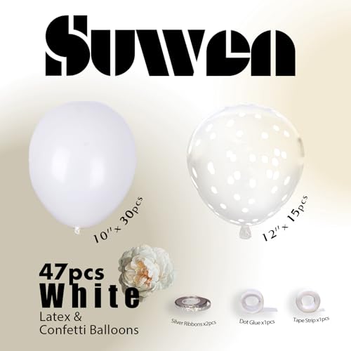 Image of SUWEN White and Confetti Balloons Set 47PCS Latex Helium | White Balloon for Birthday Anniversary Party Decorations