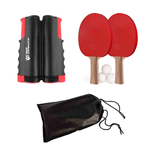 FOOING Juego de Red de Tenis de Mesa, 3 Pelotas de Ping Pong, 1 par de Palas de Tenis de Mesa, Accesorio retráctil instantáneo para Raqueta, Portátil para Interior al Aire Libre Regalo (Negro)