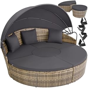 tectake® Bain de soleil Salon de jardin exterieur Modulable en Résine tressée avec Pare Soleil Pliable, Coussins Inclus, Chaise longue Relax Mobilier de Jardin pour Amenagement Balcon Terrasse Veranda