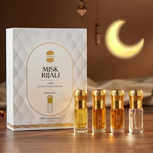 Image of Ajmal Assorted Misk Rijali Non-Alcoholic Luxury Attar Perfumes Gift Set | For Men & Women | Long Lasting, Unisex, Royal Fragrance | Perfect For Gifting | 3ml Each, Pack Of 4