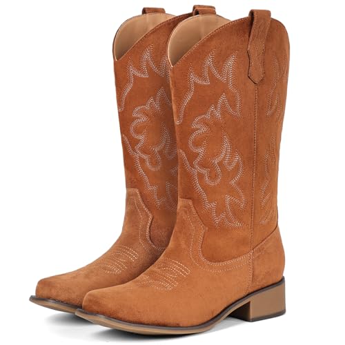 Image of IUV Cowboy Boots For Women Square Toe Wide Mid Calf Western Pull On Suede Fashion Black Brown Cowgirl Boots