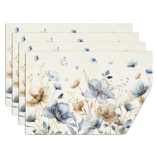 comfoyar Lot de 4 Sets de Table Marron Coquelicot Fleurs, Dessous Table Antidérapants en Lin Aquarelle Florale Printanière, Dessous Assiette Lavable pour...