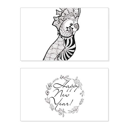 Tarjeta de año nuevo con tierno loro en inglés para regalar sonrisas y buenos deseos
