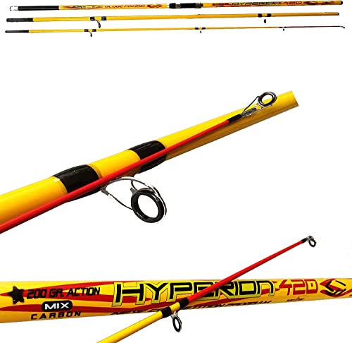 CANNA SURFCASTING HYPERION CANNA DA SURFCASTING IN CARBONIO DI OTTIMA QUALITÀ, RIPARTITA IN 3 SEZIONI AD INNESTO, LA VETTA RISULTA PARTICOLARMENTE SENSIBILE,DOTATA DI ANELLI IN PIETRA DURA TIPO DOPPIO PONTE PER UNA MIGLIORE FUORIUSCITA DEL FILO IN FASE DI LANCIO.