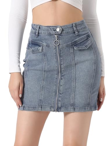 Allegra K Women's Denim Mini Skirts Summer Stretchy Washed Zipper Front Bodycon Jean Skirt