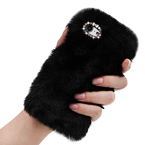Rhinestone Fluffy Rabbit Fur Case for Moto G Play 2021 [NOT for Moto G Play 2020], Girlyard Cute New Bling Diamond Handmade Furry Warm Faux Bunny Hair Plush Soft Phone Cover for Women Girls - Black