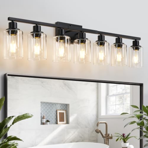 Image of MOKATNG 7-Light Bathroom Light Fixtures, Vanity Light with Clear Glass Shades, Matte Black Bathroom Light Fixtures Over Mirror, Modern Bathroom Wall Lamp for Mirror Living Room Cabinet Bedroom