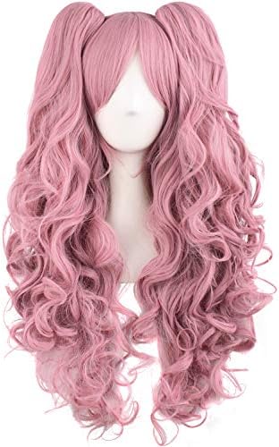 MapofBeauty 28"/70cm Lolita Long Curly Clip on Ponytails Cosplay Wig (Rouge Pink)