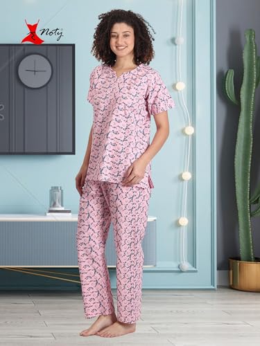 Image of Noty Girl's /Women's Polyester and Cotton Mixed- Small Floral Printed- Night Suit /Night Wear /Lounge Wear /Night Dress
