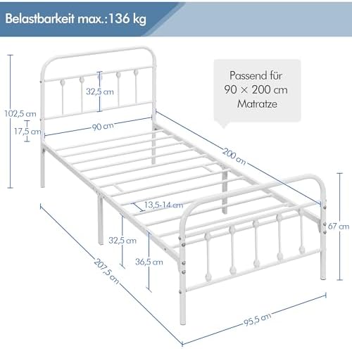 2. Bild von Yaheetech Bettrahmen Vintage Stil 90 x 200 cm Metallbett Bettgestell aus Metall mit Lattenrost, Modern Gästebett Jugendbett, Weiß 90 x 200 cm