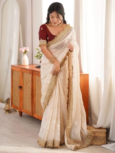 Image of AKHILAM Women's Shimmer Off White Georgette Sequence Embroidery Saree With Unstitched Blouse Piece