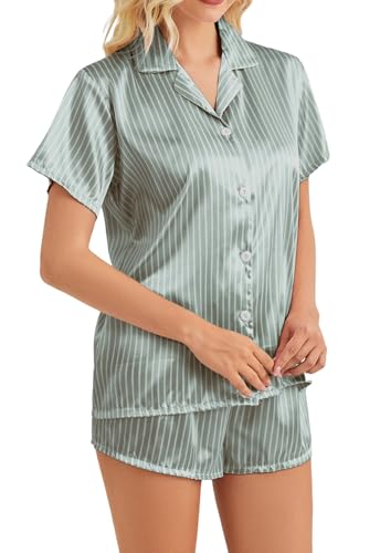 Image of Satin Pajamas for Women, Notch Neck PJ Adjustable Drawstring Shorts