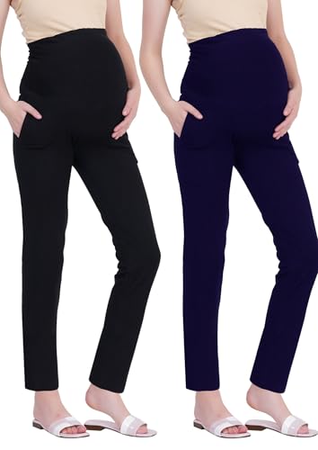 Image of Women's Maternity Leggings with Pockets - Comfortable, High Waist Support and Stretchable Pants for Pregnancy - Pack of 2