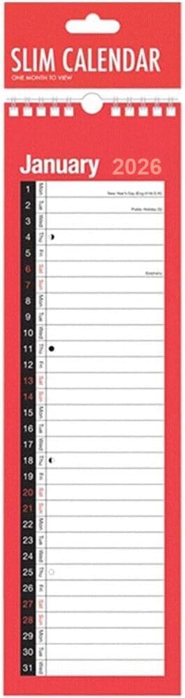 UKDD® 2024 Calendar Slim 1 Column Month to View Spiral Bound Wall Planner Red and Black Canender for Home Business Office School 1 January 2024 to 31 December 2024